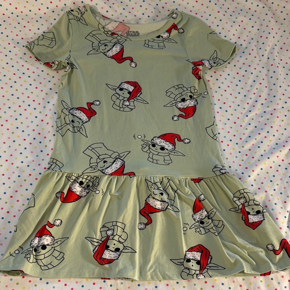Green Dress with Santa Hat Grogu Print Star Wars EUC with bonus dress